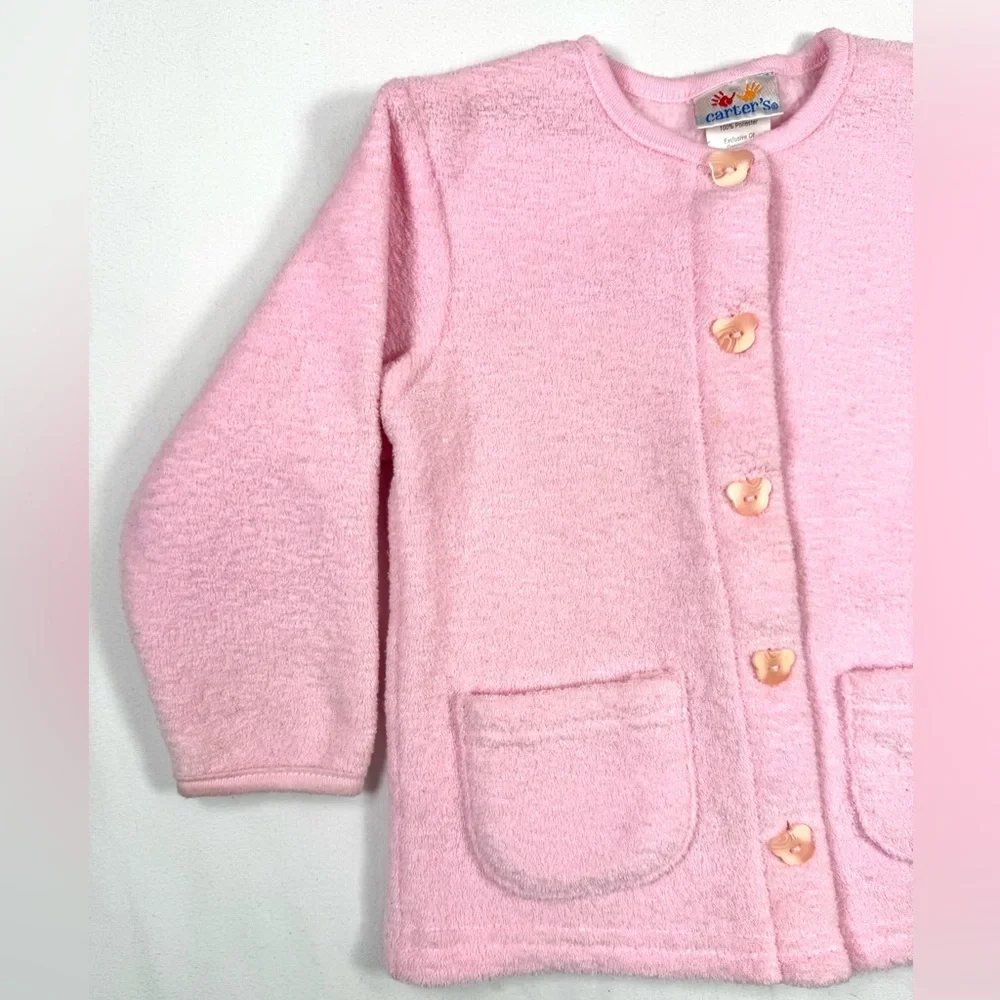 CARTER’S VINTAGE Girls Fuzzy Pink Bear Button Cardigan 18–24M Taiwan 90s Retro‎